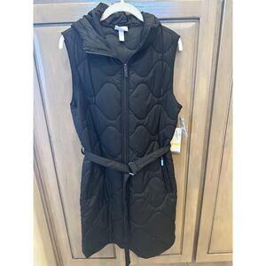 NWT Zella All Day Quilted Long Puffy BLACK Belted Hooded Vest Jacket S